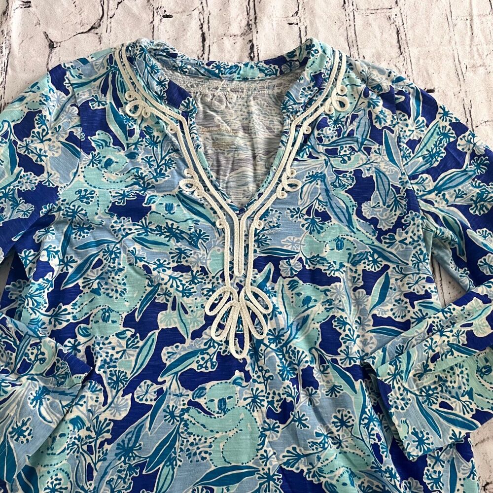 Lilly Pulitzer Kaia Tunic Top Floral Blue White Coastal Split Hem 3/4 Sleeve S - Picture 3 of 6